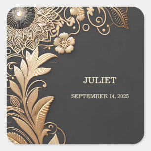 Sticker Carré Mariage Vintage Floral avec Gaufrage à la Feuille 