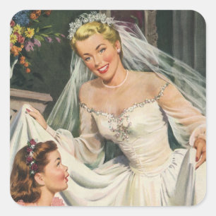 Sticker Carré Mariage vintage, Mariée rétro avec Flower Girl