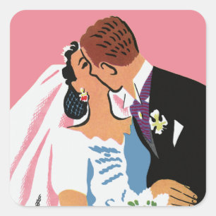 Sticker Carré Mariage vintage, Mariée rétro et baiser de chambre