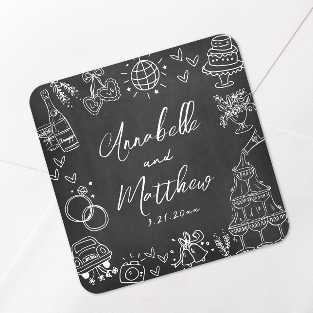 Sticker Carré Mariage Whimsical de tableau de bord dessiné à la  (Hand Drawn Chalkboard Whimsical Wedding Square Sticker)