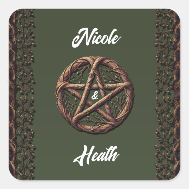 Sticker Carré Mariage Wiccan vert Olive Twig Pentacle bois (Devant)