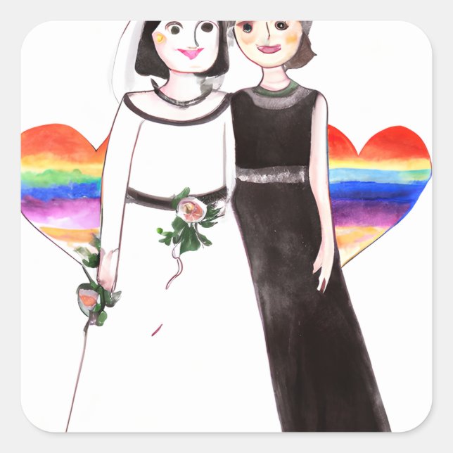 Sticker Carré Mariée et mariée cœur arc-en-ciel lesbien (Devant)