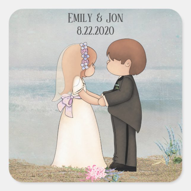 Sticker Carré mariée mignonne et mariée sur la plage (Devant)