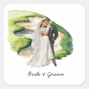 Sticker Carré Mariés golfeurs mariage sur terrain de golf