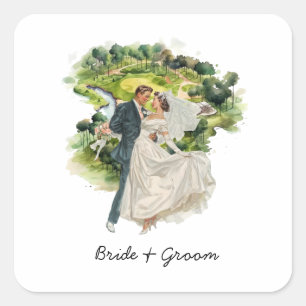 Sticker Carré Mariés golfeurs mariage sur terrain de golf