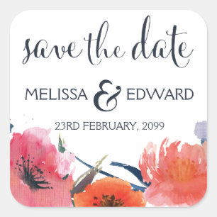 Sticker Carré Marine Aquarelle Floral Enregistrer la date Annonc