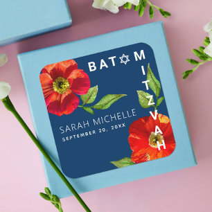 Sticker Carré Marine Bat mitzvah Floral Aquarelle Moderne Bold