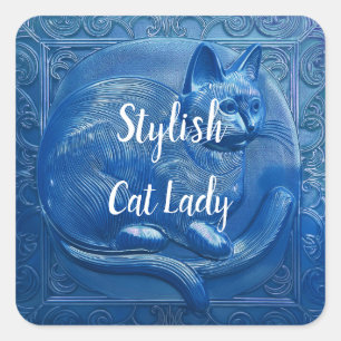 Sticker Carré Marine bleu Custom Art Nouveau chat élégant Chat L