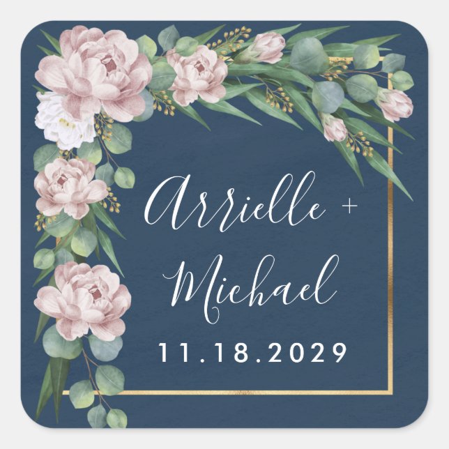 Sticker Carré Marine bleu et rose Dusty Rose vert Mariage or (Devant)