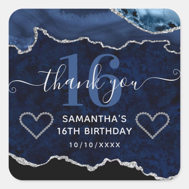 Sticker Carré Marine Bleu & Parties scintillant Argent Marbre Ag (Devant)