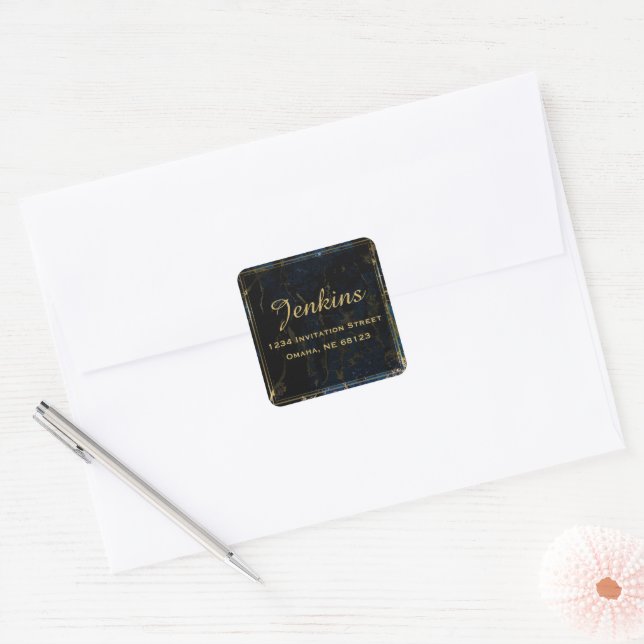 Sticker Carré Marine Blue & (Faux) Gold Marble Adresse de retour (Enveloppe)