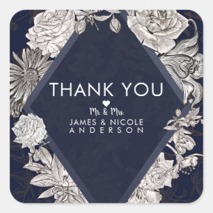 Sticker Carré Marine Blue Modern Diamond Fleurs Vintages Mariage