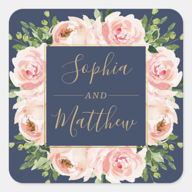Sticker Carré Marine Blush rose Floral Vert Mariage Faveur (Devant)