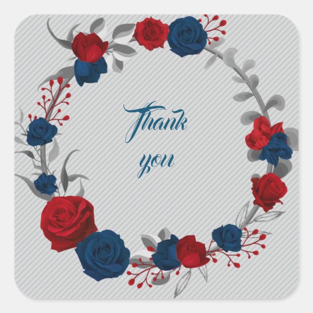 Sticker Carré marine & fleurs rouges gris feuille couronne merci (Devant)