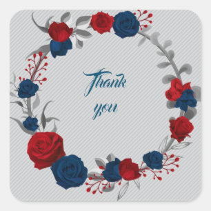 Sticker Carré marine & fleurs rouges gris feuille couronne merci