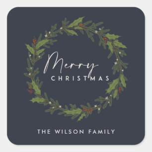 STICKER CARRÉ MARINE MODERNE ÉLÉGANT HOLLY BERRY WREATH NOËL