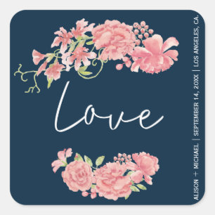 Sticker Carré Marine Peonys bleu foncé rose mariage écriture d'a