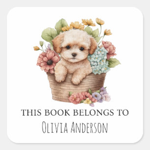 Sticker Carré Marionnette Maltipoo dans le panier à fleurs Ce li