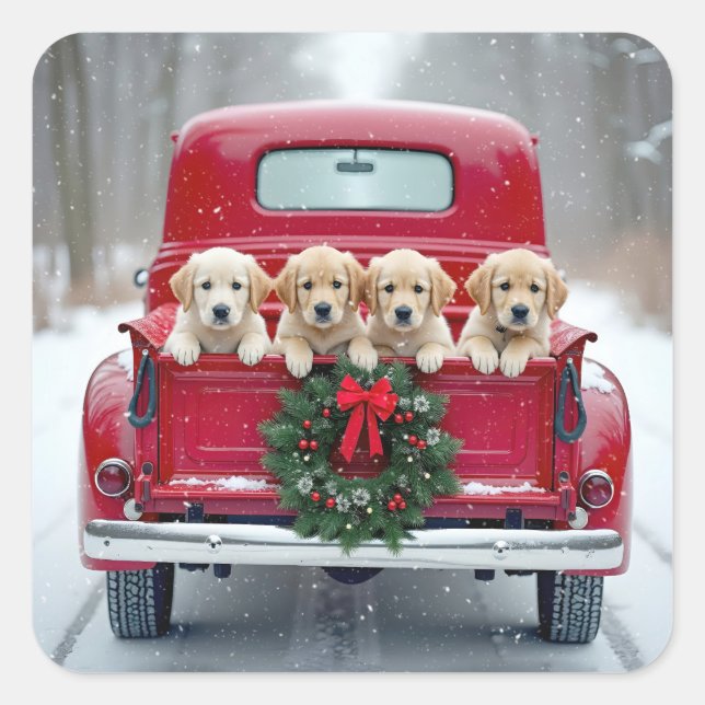 Sticker Carré Marionnettes Golden Retriever en Camion de Noël (Devant)