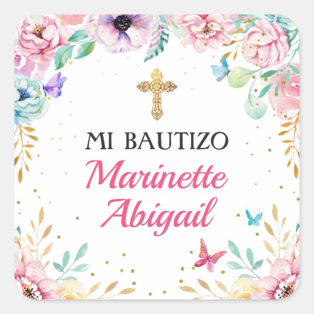 Sticker Carré Mariposas Chicas del bautismo y flores rosas (Devant)
