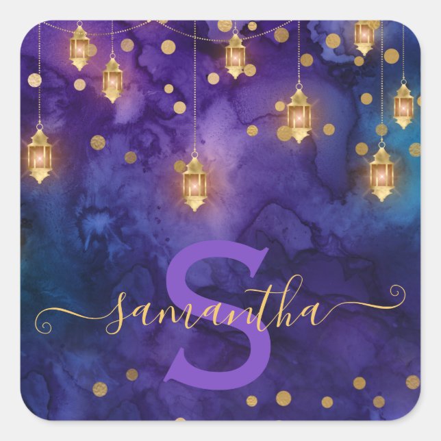 Sticker Carré Marrakech Midnight Lanterns & Gold Bokeh Monogram (Devant)