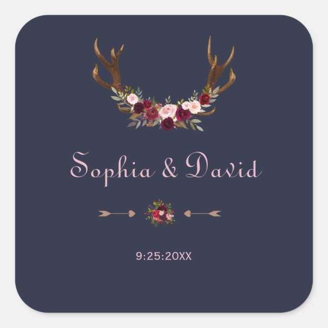 Sticker Carré Marsala Floral Antlers Marine Blue Winter Wedding (Devant)