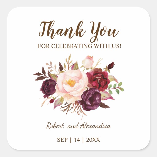 Sticker Carré Marsala Flowers Merci pour le Mariage à venir (Devant)