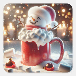 Sticker Carré Marshmallow Snowman Dans Chocolat Chaud