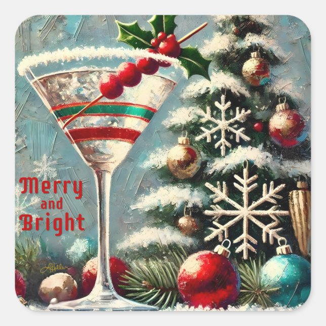 Sticker Carré Martini de Noël Retro les années 50 Cranberry (Devant)