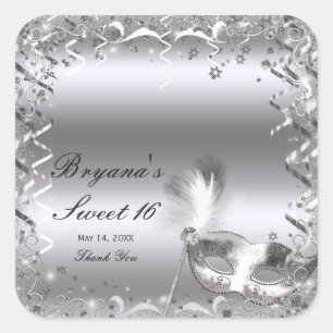 Sticker Carré Mascarade d'argent Mascarade Masque élégant bal fê