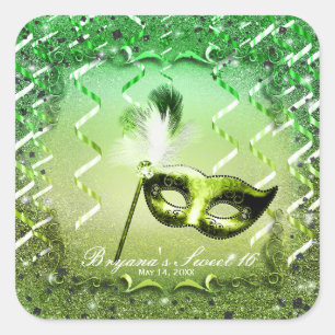 Sticker Carré Mascarade verte Masque élégant bal