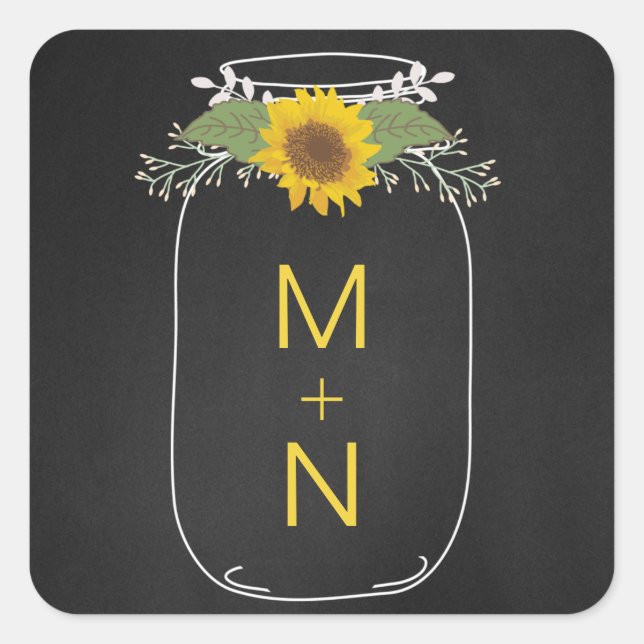 Sticker Carré Mason Jar avec des tournesols monogramme de mariag (Devant)