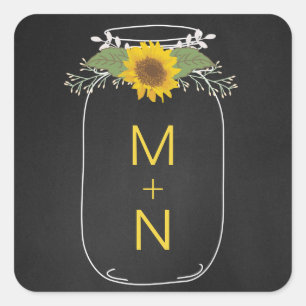 Sticker Carré Mason Jar avec des tournesols monogramme de mariag