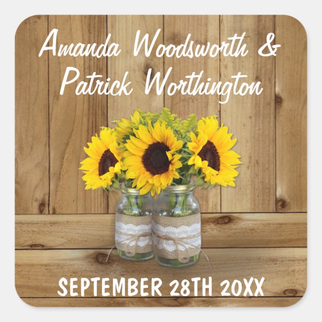 Sticker Carré Mason Jar Burlap et dentelle Tournesol mariage Fav (Devant)