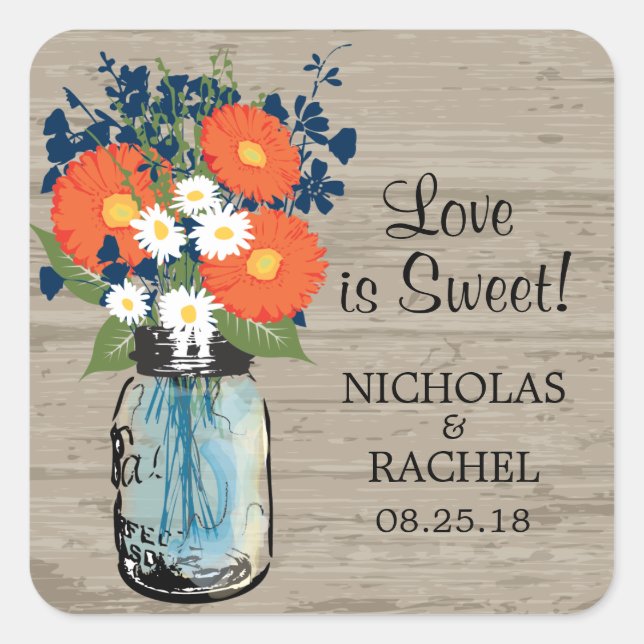 Sticker Carré Mason Jar et Gerber Daisies Mariage (Devant)