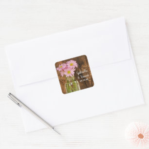 Sticker Carré Mason Jar et Pink Daisy Country Barn Mariage