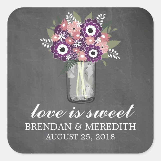 Sticker Carré Mason Jar Floral Mariage (Devant)