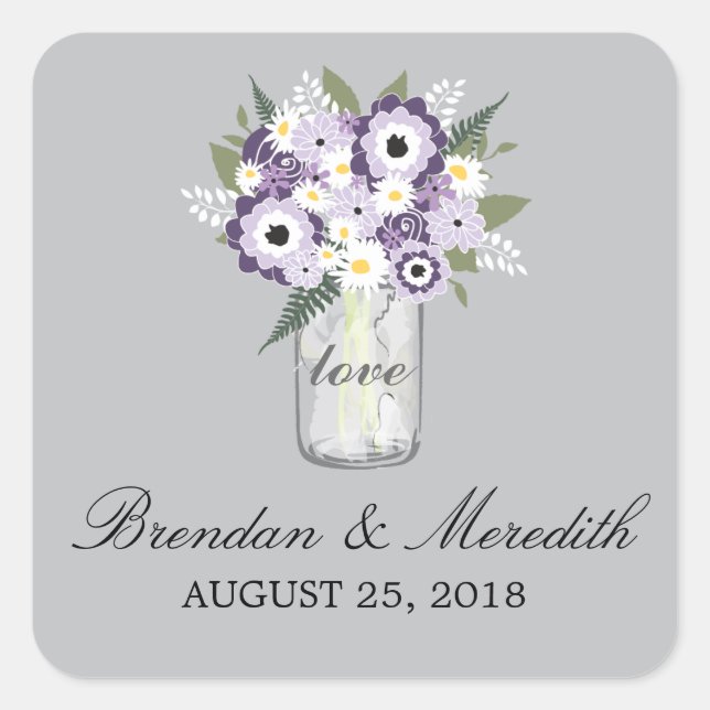 Sticker Carré Mason Jar Floral Mariage (Devant)