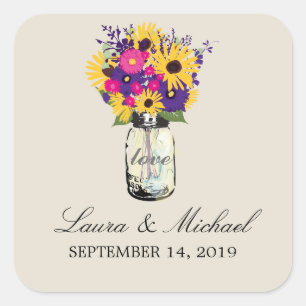 Sticker Carré Mason Jar Floral Mariage