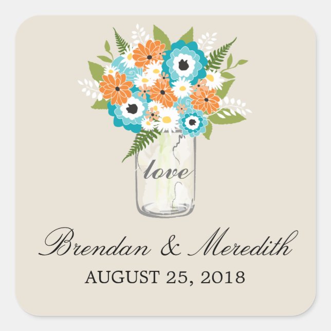 Sticker Carré Mason Jar Floral Mariage (Devant)