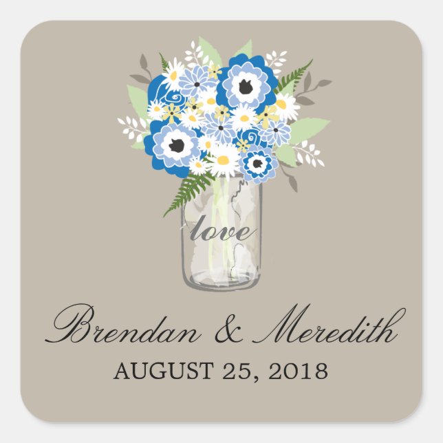 Sticker Carré Mason Jar Floral Mariage (Devant)