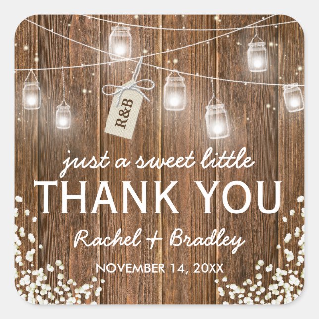 Sticker Carré Mason Jar illumine Rustic Baby Mariage (Devant)