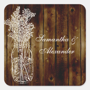 Sticker Carré Mason Jar Timbre/Enveloppe en bois Sceau ou Favori