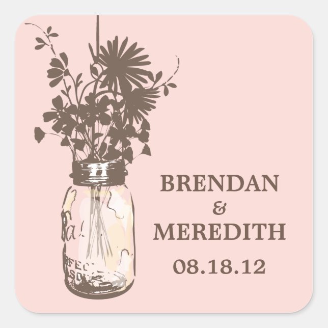 Sticker Carré Mason Jars et Mariage Fleur sauvage (Devant)