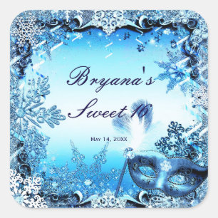 Sticker Carré Masque de masquerade bleu hivernal et flocons de n