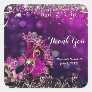 Sticker Carré Masque de masquerade de costume rose et or pour fê