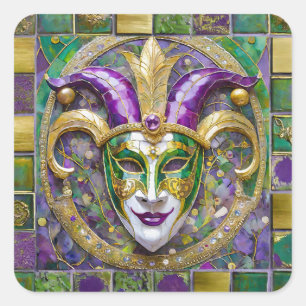 Sticker Carré Masque Mardi Gras Jester Vert Or