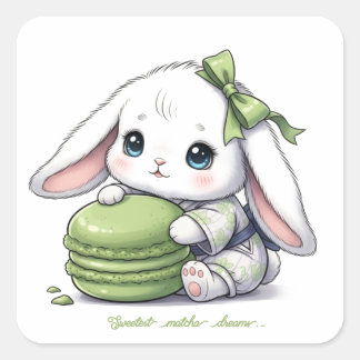 Sticker Carré Matcha Macaron Baby Bunny - Kimono Yukata & Ribbon