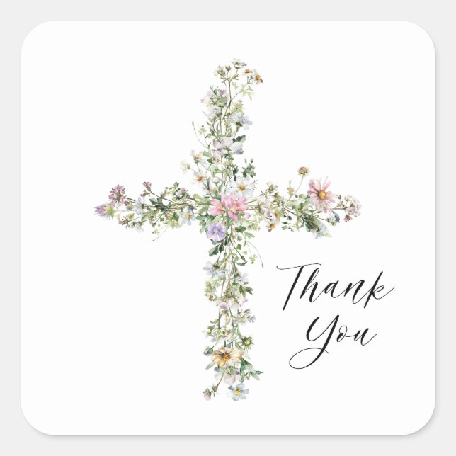 Sticker Carré Meadow fleur sauvage cross Merci religieux (Devant)