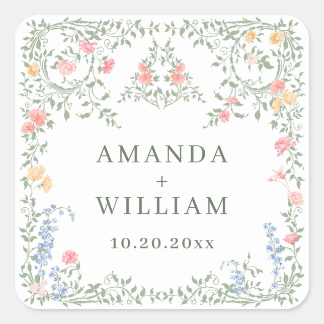 Sticker Carré Meadow Pastel Français Rose Floral Mariage (Devant)
